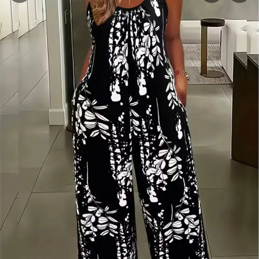 Black and White Women'S Floral Jumpsuit - Cozy, Sleeveless Wide- Size XL/XXL